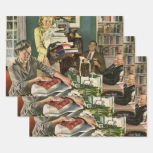 Kerstmis in retro-stijl, gelukkige familie die cad inpakpapier vel