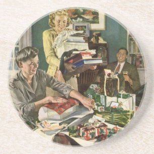 Kerstmis in retro-stijl, gelukkige familie die cad zandsteen onderzetter