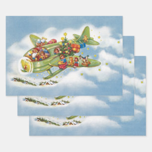 Kerstmis in retro-stijl, Kerstman vliegt in een vl Inpakpapier Vel