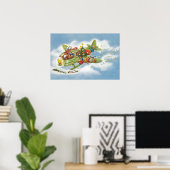 Kerstmis in retro-stijl, Kerstman vliegt in een vl Poster (Thuiskantoor)