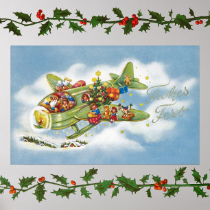 Kerstmis in retro-stijl, Kerstman vliegt in een vl Poster