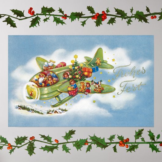 Kerstmis in retro-stijl, Kerstman vliegt in een vl Poster