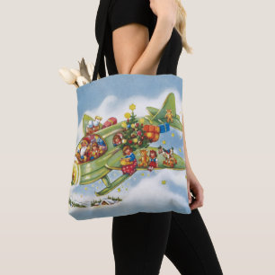 Kerstmis in retro-stijl, Kerstman vliegt in een vl Tote Bag