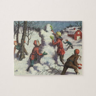 Kerstmis in retro-stijl, Kinderen sneeuwbalgevecht Legpuzzel