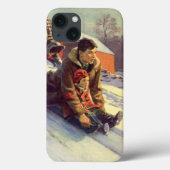 Kerstmis in retro-stijl, vader en dochter sleeën Case-Mate iPhone case (Achterkant)