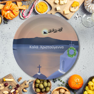 Kerstmis in Santorini, Griekenland met Sinterklaas Papieren Bordje