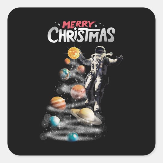 Kerstmis in Space Solar System Astronaut Invitati Vierkante Sticker (Voorkant)