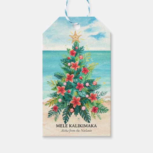 Kerstmis in tropisch strand met palmboom cadeaulabel (Voorkant)