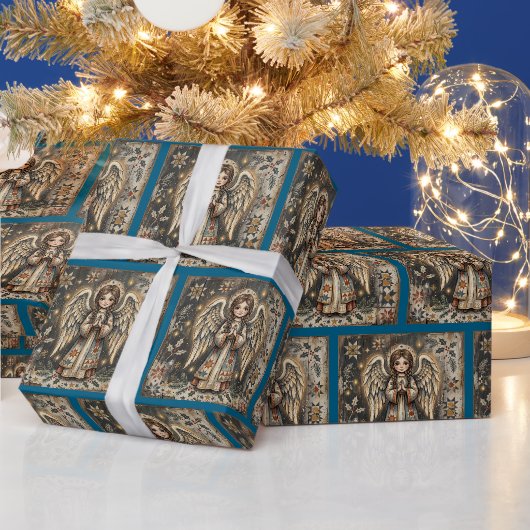 Kerstmis in vintage engel volks kunst cadeaupapier (Feestdagen)