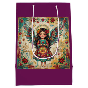 Kerstmis in vintage engel volks kunststijl medium cadeauzakje