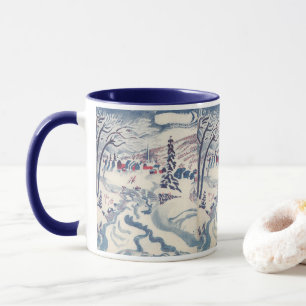 Kerstmis in vintage stijl, besneeuwd landschap met mok