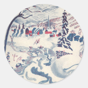 Kerstmis in vintage stijl, besneeuwd winters dorpj ronde sticker