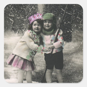 Kerstmis in vintage stijl, beste vrienden op ski's vierkante sticker