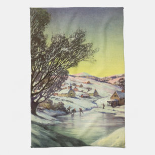 Kerstmis in vintage stijl, Bevroren meer met schaa Theedoek