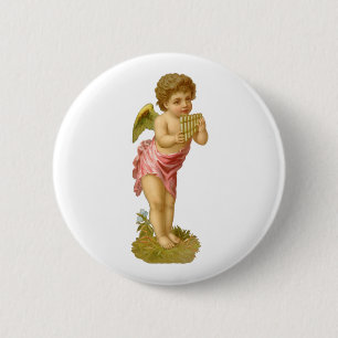 Kerstmis in vintage stijl, engel-muzikant met panf ronde button 5,7 cm