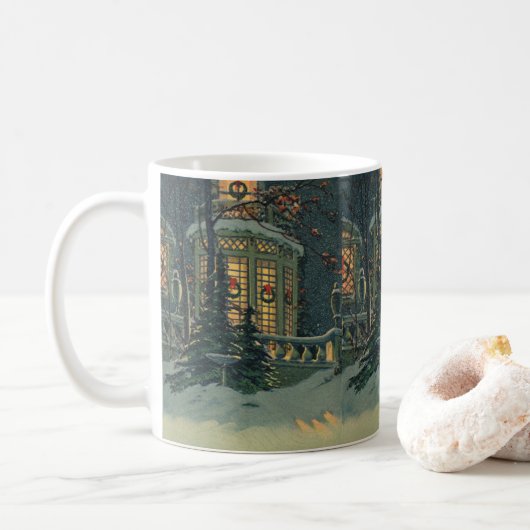 Kerstmis in vintage stijl, huis met kransen in de koffiemok (Met donut)