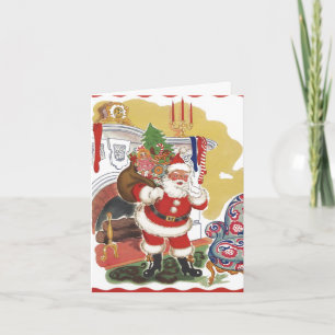 Kerstmis in vintage stijl, jolige kerstman met cad feestdagen kaart
