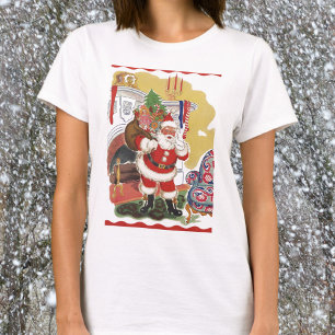 Kerstmis in vintage stijl, jolige Kerstman met cad T-shirt