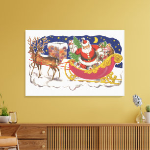 Kerstmis in vintage stijl, jolige Kerstman met sle Canvas Afdruk