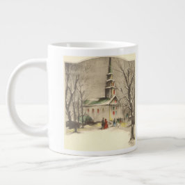 Kerstmis in vintage stijl, kerk in winters landsch grote koffiekop