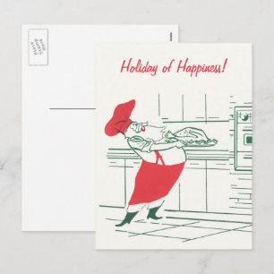 Kerstmis in vintage stijl, Kerstman Chef en kalkoe Feestdagenkaart