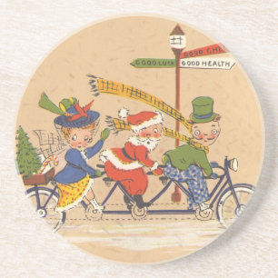 Kerstmis in vintage stijl, Kerstman fietst Zandsteen Onderzetter