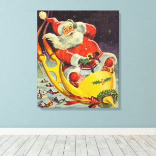 Kerstmis in vintage stijl, Kerstman in een ruimtes Canvas Afdruk