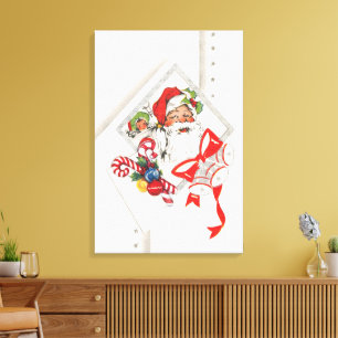 Kerstmis in vintage stijl, Kerstman met Candy Cane Canvas Afdruk