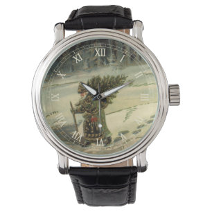 Kerstmis in vintage stijl, Kerstman met een kerstb Horloge