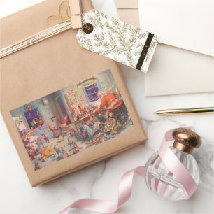 Kerstmis in vintage stijl, kerstman met elfen werk rechthoekige sticker