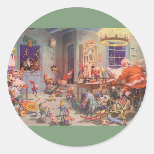 Kerstmis in vintage stijl, kerstman met elfen werk ronde sticker