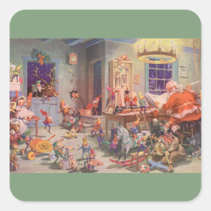 Kerstmis in vintage stijl, kerstman met elfen werk vierkante sticker
