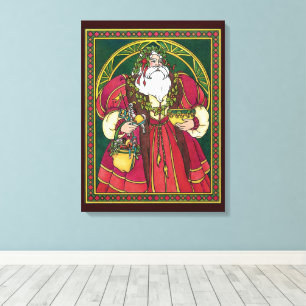 Kerstmis in vintage stijl, Kerstman met hulstblaad Canvas Afdruk