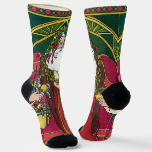 Kerstmis in vintage stijl, Kerstman met hulstblaad Sokken
