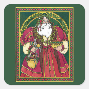 Kerstmis in vintage stijl, Kerstman met Hulstblaad Vierkante Sticker