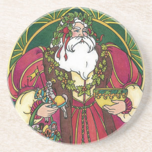 Kerstmis in vintage stijl, Kerstman met Hulstblaad Zandsteen Onderzetter