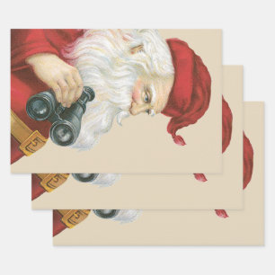 Kerstmis in vintage stijl, Kerstman met verrekijke Inpakpapier Vel