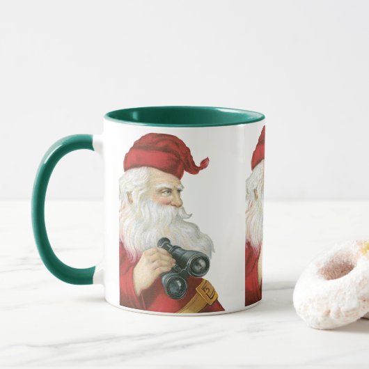 Kerstmis in vintage stijl, Kerstman met verrekijke Mok (Met donut)