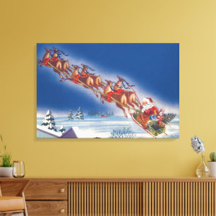 Kerstmis in vintage stijl, Kerstman vliegt met sle Canvas Afdruk