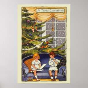 Kerstmis in vintage stijl, kinderen die op een ban poster