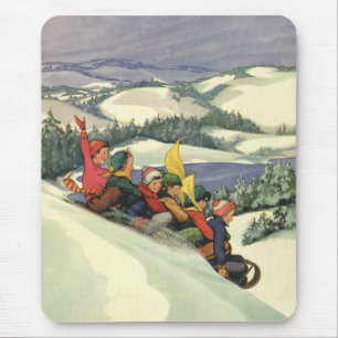 Kerstmis in vintage stijl, kinderen op sleeën op e muismat