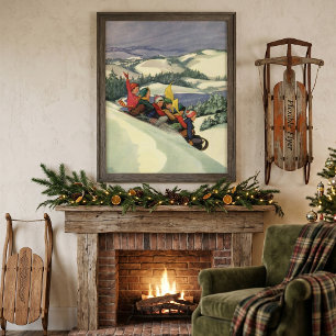 Kerstmis in vintage stijl, kinderen op sleeën op e poster