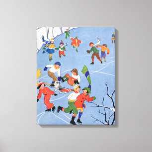 Kerstmis in vintage stijl, kinderen schaatsen op e canvas afdruk