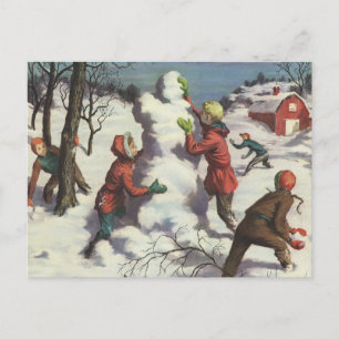 Kerstmis in vintage stijl, Kinderen sneeuwbalgevec Feestdagenkaart