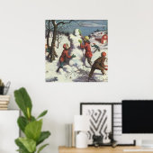 Kerstmis in vintage stijl, Kinderen sneeuwbalgevec Poster (Thuiskantoor)