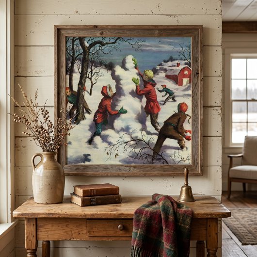 Kerstmis in vintage stijl, Kinderen sneeuwbalgevec Poster