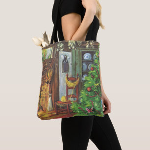 Kerstmis in vintage stijl, knus blokhut met open h tote bag