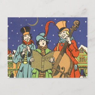 Kerstmis in vintage stijl, muzikanten die kerstlie feestdagenkaart