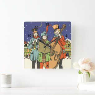Kerstmis in vintage stijl, muzikanten die kerstlie vierkante klok