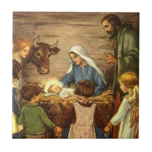 Kerstmis in vintage stijl, religieus kerstgebeuren tegeltje